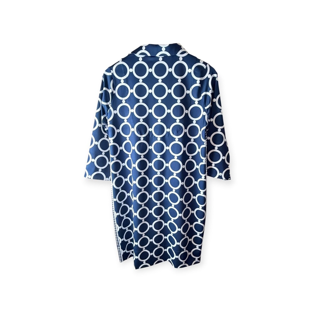 Gretchen Scott Navy White Geometric Circle Print Shift Dress 3/4 Sleeve Large - Picture 3 of 5